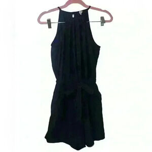 Macy’s Black Halter Pocketed Buttoned Open Back Romper with Bow